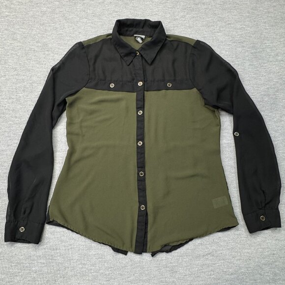 Vanity Womens Green Black Colorblock Semi Sheer Blouse Roll-tab Sleeve Sz Small - Picture 4 of 16